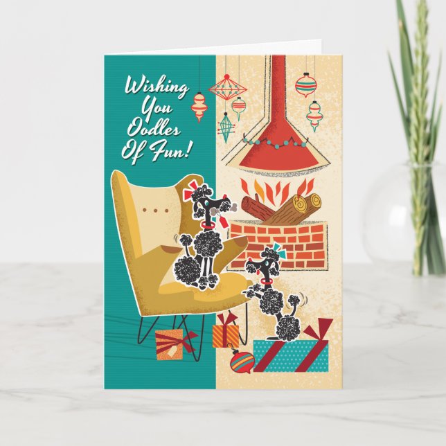 Festiva Tarjeta de Navidades Retro Poodles (Anverso)