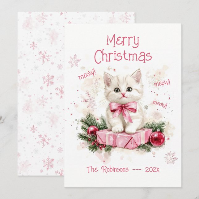Festiva Tarjeta de Navidades rosados de pequeño gatito (Anverso / Reverso)