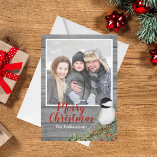 Festiva Tarjeta de Navidades Rustic Family Photo Chickadee