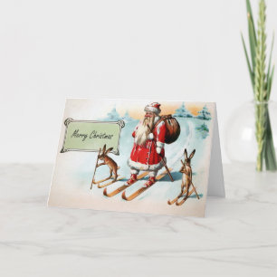 Festiva Tarjeta de Navidades Santa de esquí de época