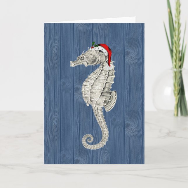 Festiva Tarjeta de Navidades Santa Seahorse Blue Wood (Anverso)