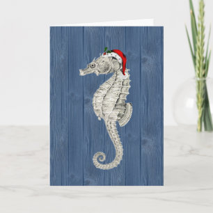 Festiva Tarjeta de Navidades Santa Seahorse Blue Wood
