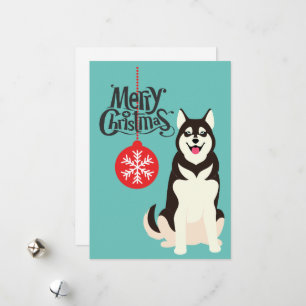 Festiva Tarjeta de Navidades Siberian Husky Retro Aqua