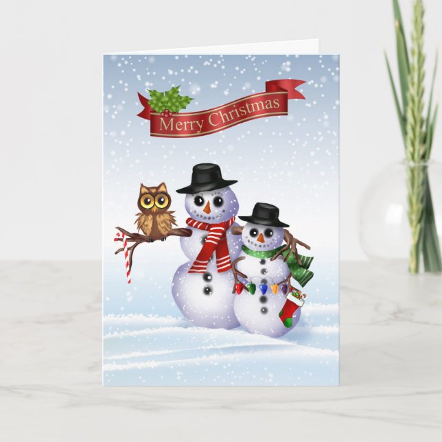 Festiva Tarjeta de Navidades Snowman con Owl (Anverso)