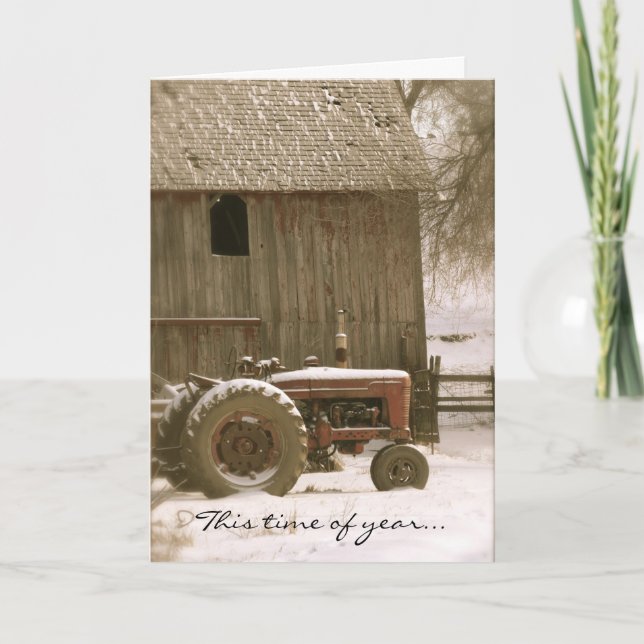 Festiva Tarjeta de Navidades Tractor y Barn (Anverso)