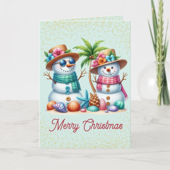 Festiva Tarjeta de Navidades Tropical Snowmen (Anverso)