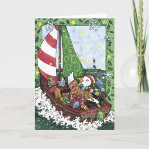 Festiva Tarjeta de Navidades, velero de pato afortunado