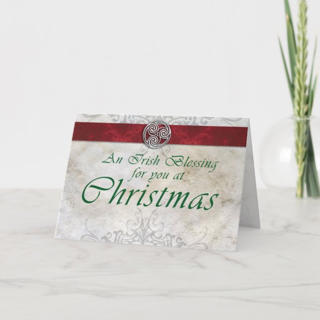 Festiva Tarjeta de Navidades verdes y rojos Celtic Knot Tr (Anverso)