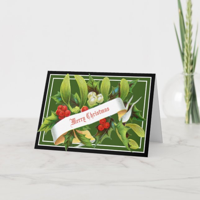 Festiva Tarjeta de Navidades Vintage Mistletoe y Holly (Anverso)