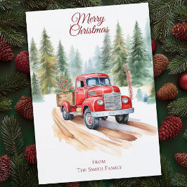 Festiva Tarjeta de Navidades Vintage Red Truck Watercolor