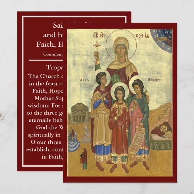 Festiva tarjeta de oración de los Santos Sofía, Fe, Espera (Anverso / Reverso)