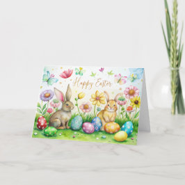Festiva Tarjeta de Pascua con bonitos conejitos, flores y