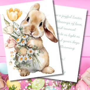 Festiva Tarjeta de Pascua con Flores y Conejito de Pascua