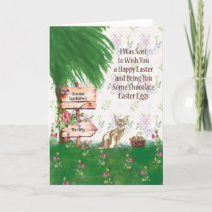 Festiva Tarjeta de Pascua con gato entregando huevos de ch