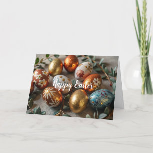 Festiva Tarjeta de Pascua con oro y huevos pintados