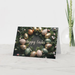 Festiva Tarjeta de Pascua con oro y huevos verdes
