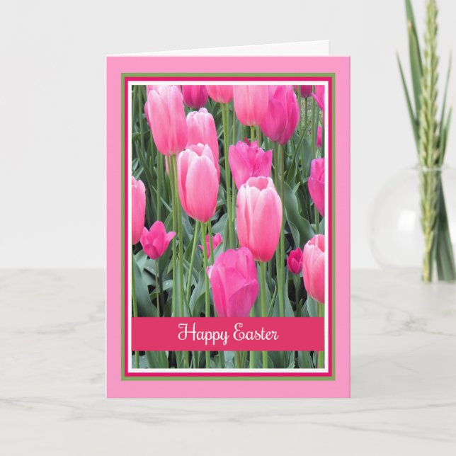 Festiva Tarjeta de Pascua con tulipanes rosados calientes (Anverso)