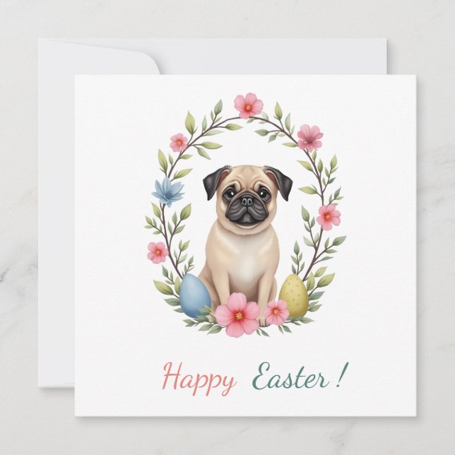 Festiva Tarjeta de Pascua con una foto de un pug (Anverso)