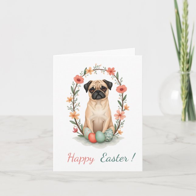 Festiva Tarjeta de Pascua con una foto de un pug (Anverso)