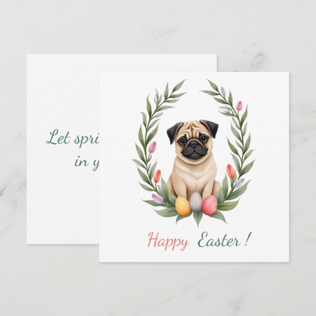 Festiva Tarjeta de Pascua con una foto de un pug (Anverso / Reverso)