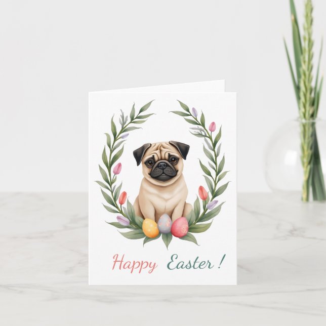 Festiva Tarjeta de Pascua con una foto de un pug (Anverso)