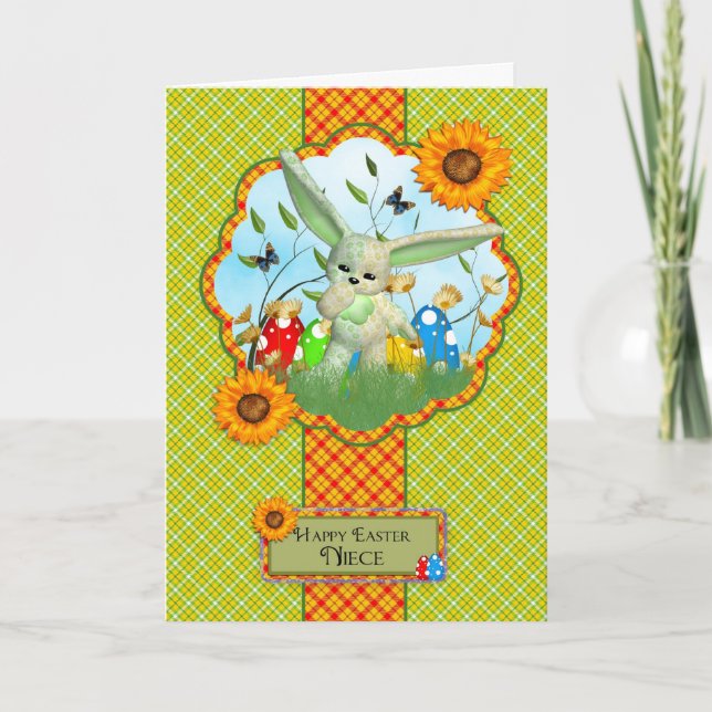 Festiva Tarjeta De Pascua Cute De La Niña Con Conejo Y Hue (Anverso)