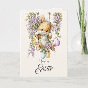 Festiva Tarjeta de Pascua de Acuarela de Conejo Esponjoso