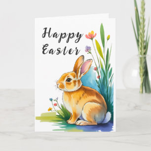 Festiva Tarjeta de Pascua de conejito adorable en acuarela