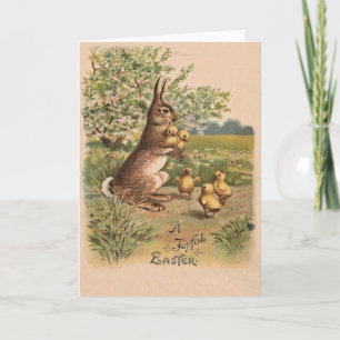 Festiva Tarjeta de Pascua de Conejo y Pollitos Antiguos