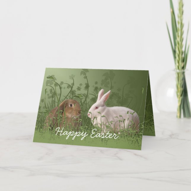 Festiva Tarjeta de Pascua de dos Conejos (Anverso)