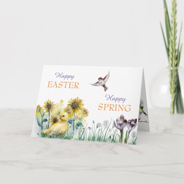 Festiva Tarjeta de Pascua de Flores de Primavera y Aves (Anverso)