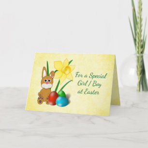 Festiva Tarjeta de Pascua de Narcisos y Conejito para Niño