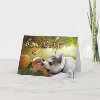 Festiva Tarjeta de pascua del perrito del husky siberiano