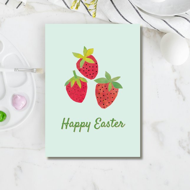 Festiva Tarjeta de Pascua Doble Retro Fresa Feliz Pascua (Three vibrant red strawberries appear over a retro "Happy Easter" on a mint green background.)