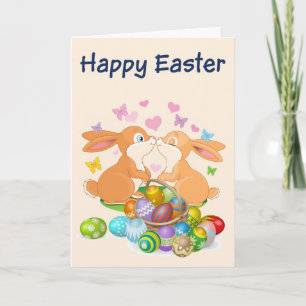 Festiva Tarjeta de Pascua Feliz- 2 Bunnis- Huevos de Pascu