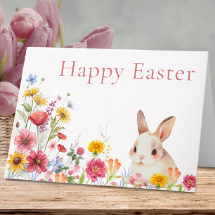 Festiva Tarjeta de Pascua feliz de conejito lindo y flores