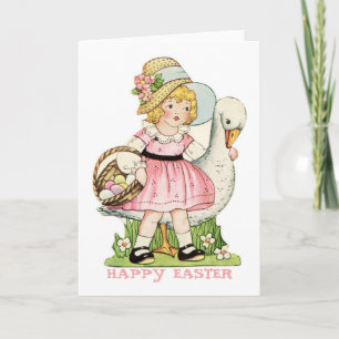 Festiva Tarjeta de pascua feliz de la niña y del ganso