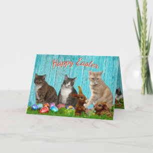 Festiva Tarjeta de Pascua - Gatos y conejos