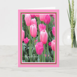 Festiva Tarjeta de Pascua para hermana tulipanes rosa cali