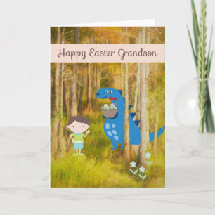 Festiva Tarjeta de Pascua para nieto con dinosaurio
