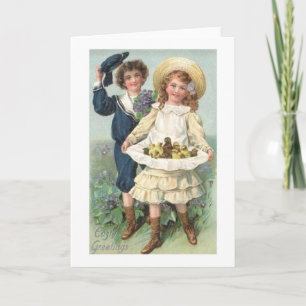 Festiva Tarjeta De Pascua Victoriana Y Chica