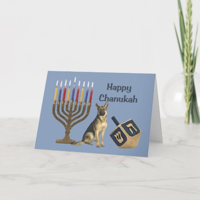Festiva Tarjeta de Pastor Alemán Chanukah Menorah Dreidel1 (Anverso)