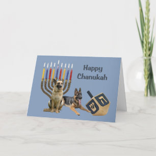 Festiva Tarjeta de Pastor Alemán Chanukah Menorah Dreidel1