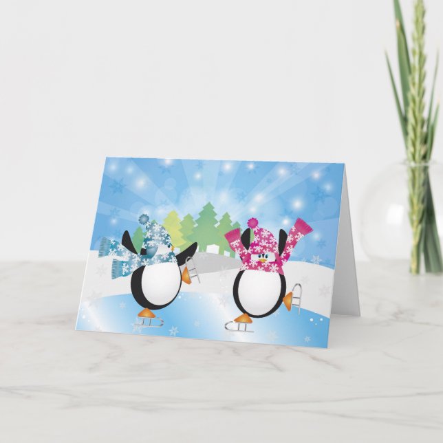 Festiva Tarjeta de patinaje artístico sobre pingüinos (Anverso)