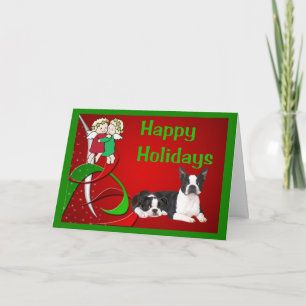Festiva Tarjeta de pequeños ángeles de Boston Terrier Navi