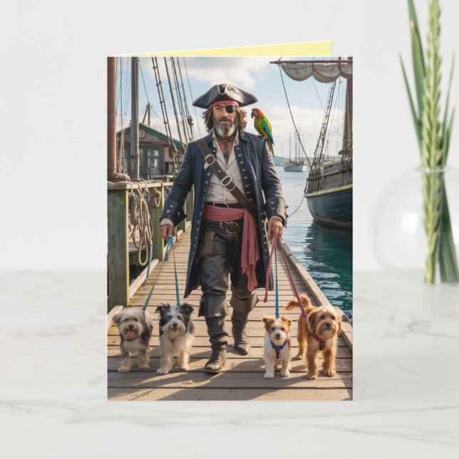 Festiva Tarjeta de Pirata Paseando al Perro (Anverso)