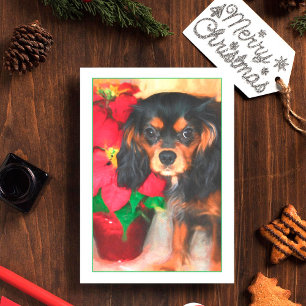 Festiva Tarjeta de Poinsettia de Cachorro Cavalier King Ch