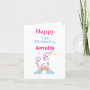Festiva Tarjeta de primer cumpleaños Rainbow Unicorn de co