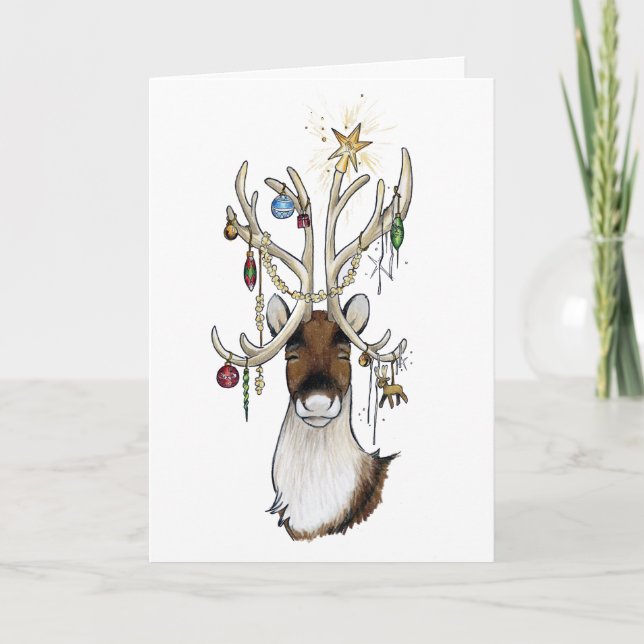 Festiva Tarjeta de reno con ornamentos (Anverso)