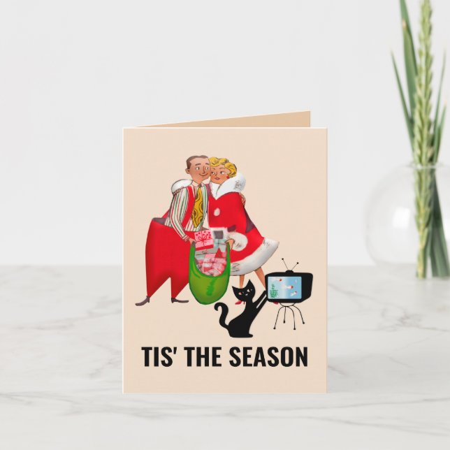 FESTIVA TARJETA DE RETRO DE NAVIDADES COUPLE & CAT (Anverso)